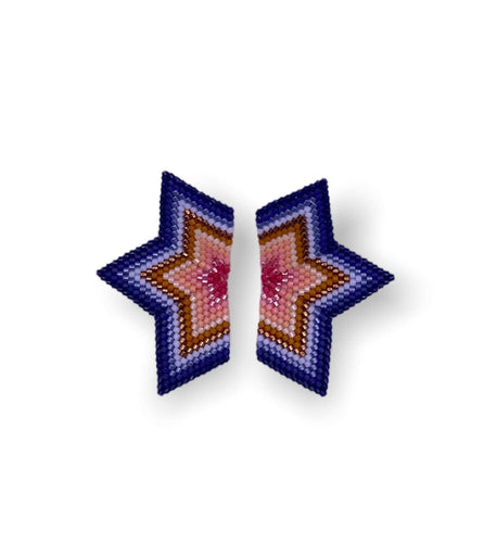 Beaded Handwoven Medium Half Star Earrings (Blue/Pink).