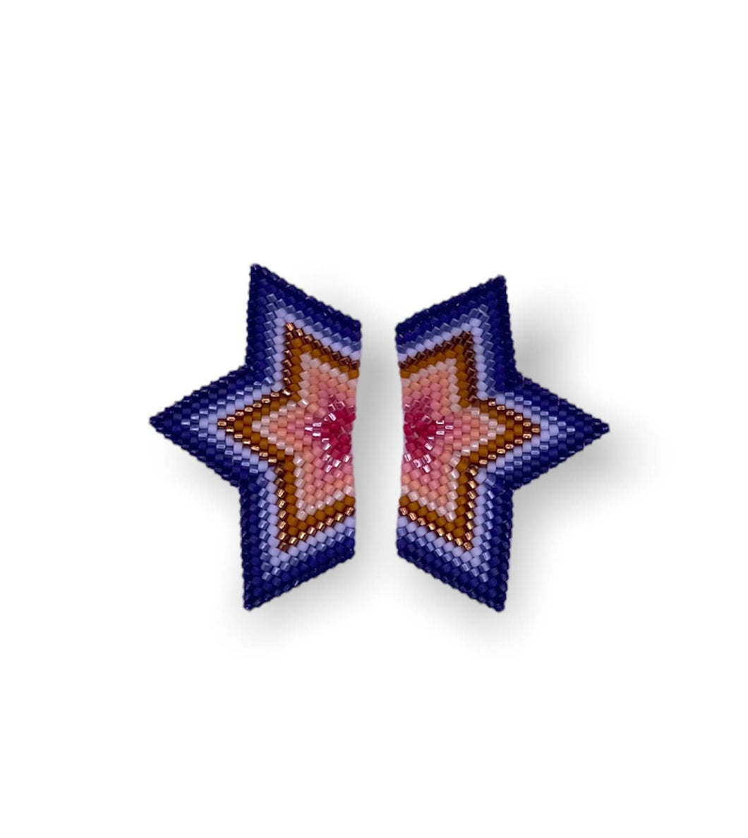 Beaded Handwoven Medium Half Star Earrings (Blue/Pink)