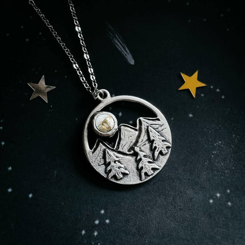 Circle Mountain Landscape Necklace with Copper Calcite Moon.