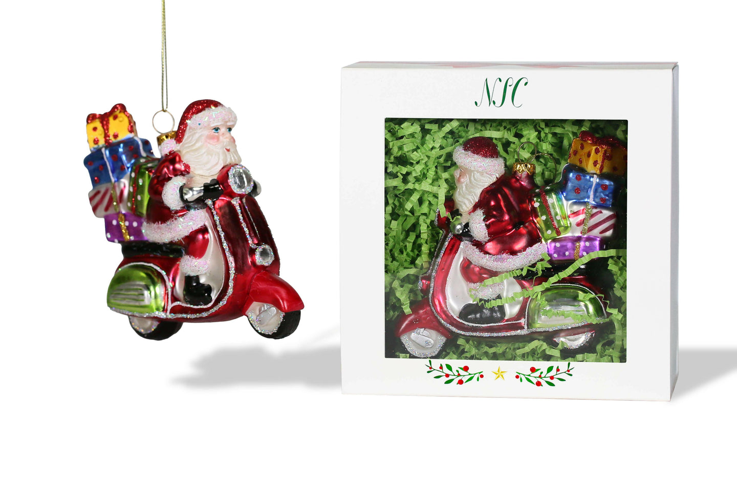 Moped Santa Glass Ornament.