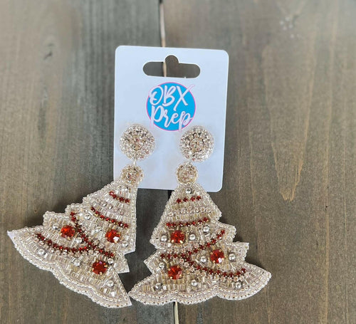 Glam White Christmas Tree Seed Beaded Drop Earrings.