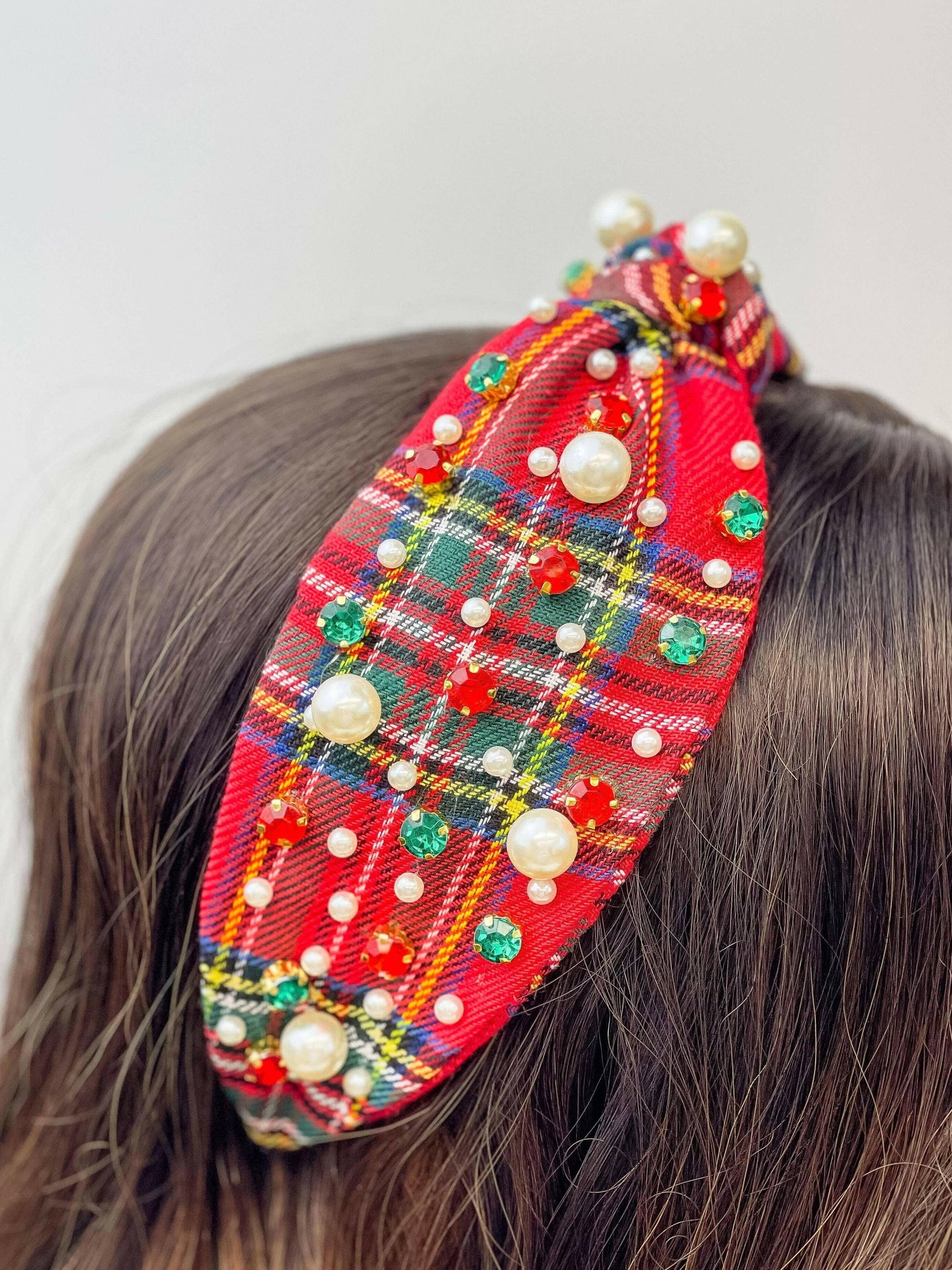 Preppy Holiday Pearl & Rhinestone Plaid Headband.