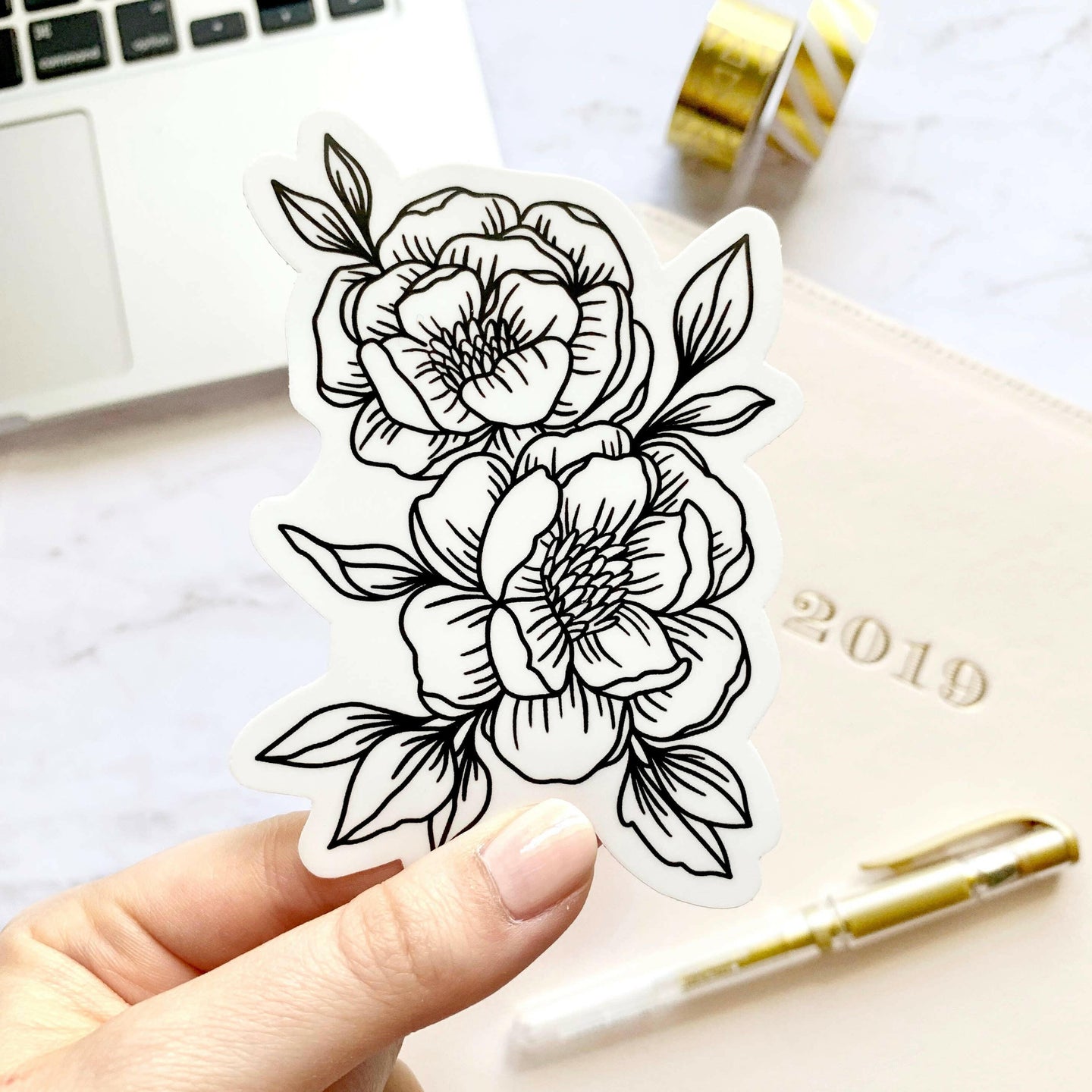 Line Drawn Peonies Sticker 3.5x3in..