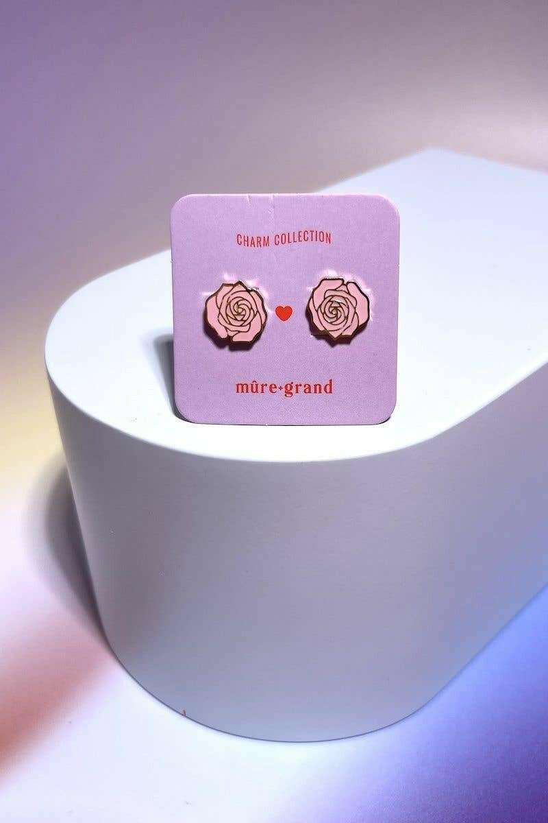 Rose Enamel Stud Charm Earrings.