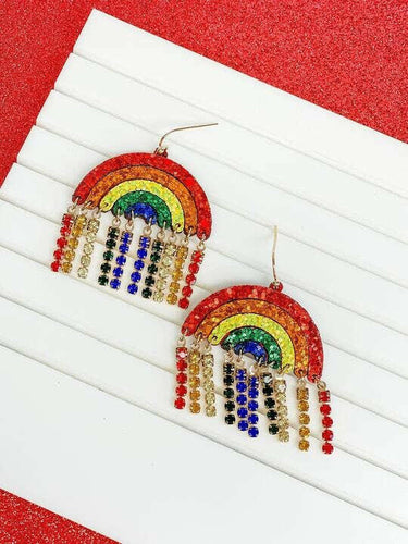 Glitter Rainbow Rhinestone Tassel Earrings.