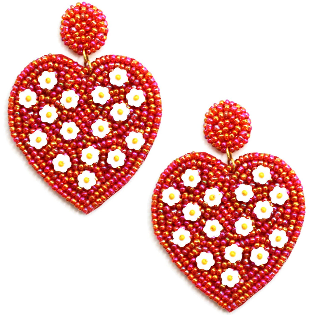 Multi Beaded Heart, Fabric Post Dangle Earrings