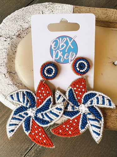 Patriotic Red White Blue Spinner Seed Bead Dangle Earrings.