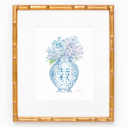 Ginger Jar with Hydrangeas Watercolor Art Print.