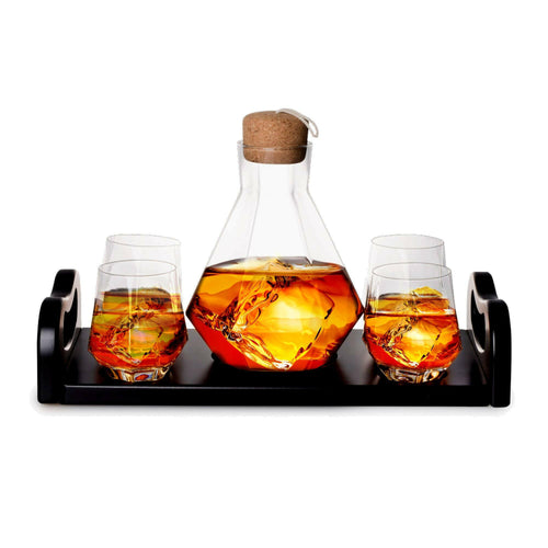 Whiskey Diamond Decanter & 4 Diamond Glasses - Mahogany Tray.