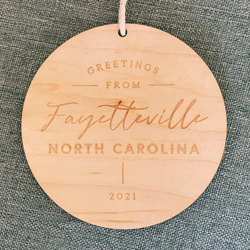 Greetings From Fayetteville Modern Wooden Christmas Ornament