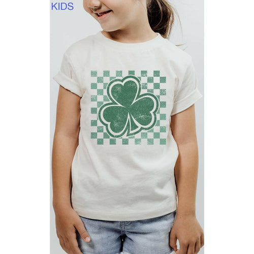 Checkerboard Lucky Shamrock Kids Graphic Tee.